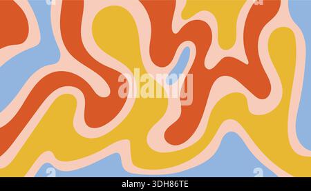 An abstract background in retro psychedelic 70s style with dynamic wavy lines and curves in vintage tones. Fluid shapes card. Great for website design Stock Vector