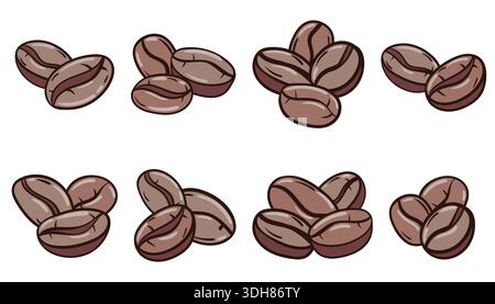A set of eight compositions of doodle sketch roasted coffee beans. Ideal for cafe menus, branding, icons, social media, and packaging design. Focuses Stock Vector