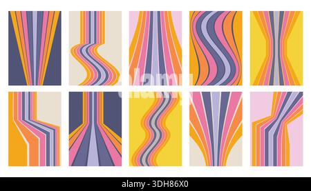 A set of ten abstract backgrounds featuring retro 70s style vertical stripes and wavy lines in a vibrant vintage color palette. Retrofuturistic poster Stock Vector