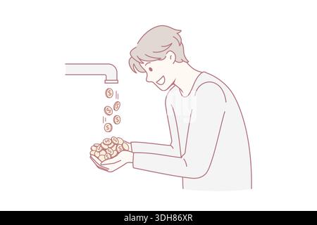 Financial success and profit concept. Young smiling businessman standing taking golden coins going from tap feeling positive dynamics vector illustration Stock Vector