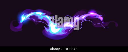 Cartoon purple and blue game magic power wave, wizard glow vfx light effect. Vector blaze with glowing sparks, isolated witch spell, fireball flash or light trail for fantasy magical gui animation Stock Vector
