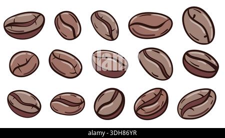 A set of fifteen hand drawn roasted coffee beans. Doodle sketch style. Ideal for cafe menus, branding, icons, social media, and packaging design. Focu Stock Vector