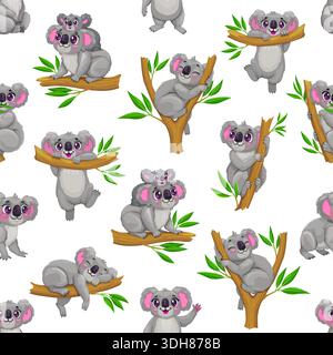 Vector seamless pattern of cartoon cute koala bear character are climbing, hugging branches, sleeping and carrying babies on their backs, smiling and cuddly. Fabric, tile background or wallpaper print Stock Vector