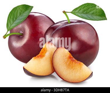 Plum isolated on white background. Plum half macro studio photo. Plum with leaves. With clipping path Stock Photo