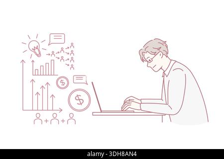 Freelance, innovation and startup concept. Young man businessman sitting working at laptop innovating business project online making money vector illustration Stock Vector