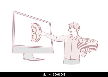 Bitcoin and cryptocurrency profit concept. Smiling man standing and taking out golden bitcoin coins from laptop screen making money vector illustration Stock Vector