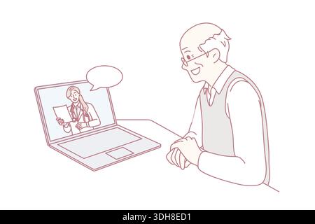 Online medicine and telehealth concept. Smiling old man patient sitting at laptop and having online meeting with young woman doctor making recommendations vector illustration Stock Vector