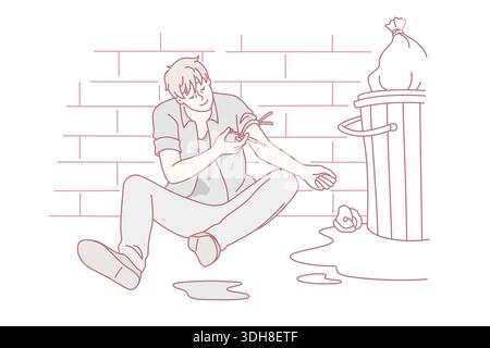 Drug addict and narcomaniac concept. Young man drug addict sitting on floor putting syringe with heroin into vein for pleasure vector illustration Stock Vector