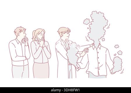 Physical injuries and burns concept. Group of shocked people standing looking at man doctor trying to help burning man with injuries with smog instead of head and hands vector illustration Stock Vector