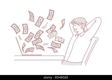 Financial success and making money online concept. Young smiling businessman sitting at laptop and looking at flying from screen money cash feeling positive dynamics vector illustration Stock Vector