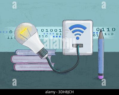Studying online and learning new skills. Digital illustration. Stock Photo