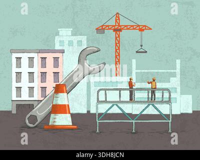 Construction site with buildings and specialized workers. Digital illustration. Stock Photo