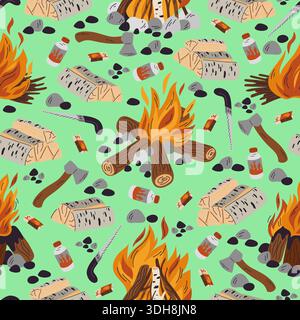 Tools for building fire in nature. Firewood seamless pattern. Camping flames. Timber combustion. Chopping axe. Matches and wood saw. Fire starter flui Stock Vector