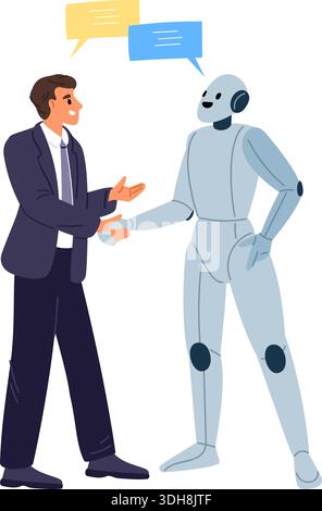 Robot and businessman shake hands. Partnership between humans and artificial intelligence. Android and man handshake. Business cooperation. AI technol Stock Vector