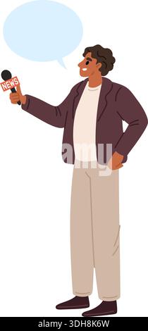 Man with microphone. Journalist or talk show host. Newscaster speaking. Prepares for interview. Live streaming news reportage. Public speaker speech r Stock Vector