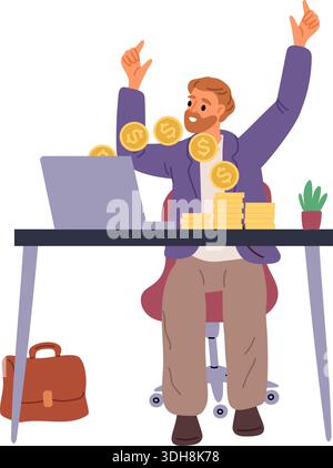 Man rejoices over money he has earned on his computer. Financial success in online work. Freelance job. Coins transfer. Happy businessman at desk Stock Vector