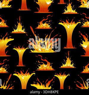 Lava flows and splashes seamless pattern. Molten metal or rock droplets. Magma heat. Plasma explosion spatters. Volcano eruption. Hell fire blaze. Hot Stock Vector