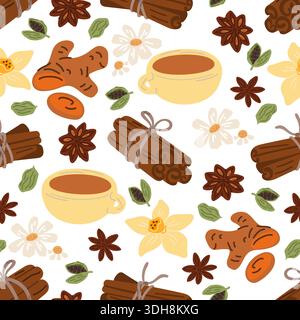 Hot beverage in cup with cinnamon sticks, flowers and ginger pieces. Spicy drink seamless pattern. Chamomile flower. Natural condiment. Turmeric and Stock Vector