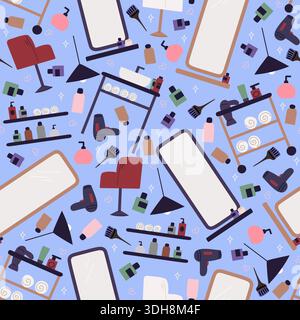 Hairdressing tools for washing and dyeing hair. Barbershop seamless pattern. Salon armchairs and mirror. Hairdryer with brushes. Hairdresser towel Stock Vector