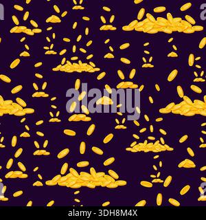 Gold coins falling from above onto pile of money. Golden rain seamless pattern. Financial success. Casino jackpot win. Precious metal cash. Repeated Stock Vector