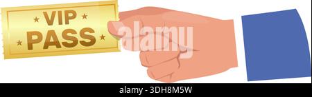 Hand holds golden VIP pass for admission to concert. Party invitation or movie theater admit ticket. Exclusive access certificate. Arm showing gold Stock Vector
