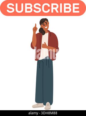 Girl points her index finger at subscribe button. Woman recommending internet channel or website. Following to influencer. Social media subscription Stock Vector