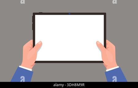Hands holding tablet. Arms showing ebook digital board. Mobile device display. Blank gadget touchscreen. Portable computer. Electronic touchpad Stock Vector