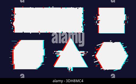 Frames with glitch effect. Geometric shapes template with distorted borders. Broken screen. Pixel decay square and triangle. Visual noises. Dynamic Stock Vector