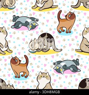 Funny cats seamless pattern. Cartoon kittens playing or lying. Fluffy kitty poses. Domestic animals eating and relaxing. Repeated print. Cute Stock Vector