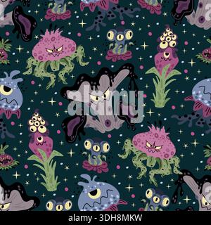 Cartoon characters of scary plants or flowers seamless pattern. Monsters with eyes and mouths. Fantasy flytraps. Repeated print. Dangerous blossoms Stock Vector