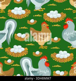 Domestic chickens and roosters with eggs. Farming birds seamless pattern. Cute chicks in nests. Repeated agriculture print. Farmyard animals. Cartoon Stock Vector