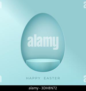 Egg shaped niche with empty podium on pastel blue background and Happy Easter text below Stock Vector