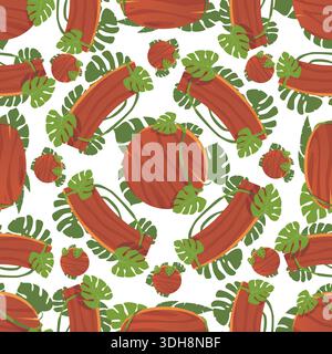 Wooden boards and signs overgrown with vines and tropical plants seamless pattern. Wood guidepost frames. Repeated print. Palms leaves and lianas Stock Vector