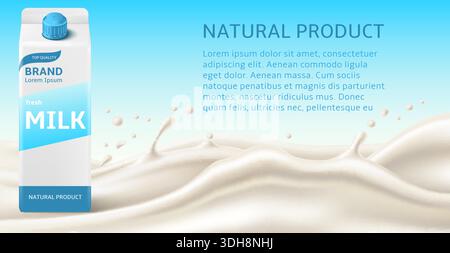 Realistic packaging of natural cow milk with white streams or splashes. Pasteurized dairy product advertising banner design. 3D cardboard box. Liquid Stock Vector