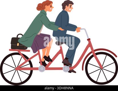 Businesswoman and businessman riding tandem bicycle to work. Couple driving together on bike. Colleagues team. Employees agreement. Leadership success Stock Vector