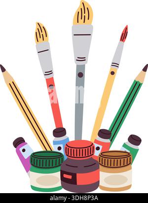 Paints and brushes. Acrylic ink tubes and jars. Painting tools. Accessories for creative hobby. Pigment palette. Paintbrush and pencil. Gouache closed Stock Vector