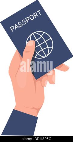 Hand holding passport. Identity check. Personal document for travel. Legal citizenship identification. National or foreign citizen ID. Arm shows paper Stock Vector