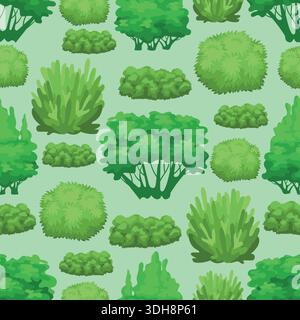 Green plants seamless pattern. Summer bushes and trees. Shrubbery lush foliage leaves. Park woods greenery. Landscape elements. Repeated botanical Stock Vector