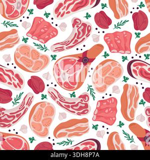 Meat products seamless pattern. Ribs and boiled pork. Ham slice. Beef liver and fillet. BBQ steak. Repeated print. Gastronomy delicacy. Repeated print Stock Vector