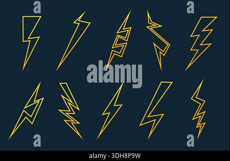 Gold lightning bolt icons on dark background. Thunderbolt line symbols. Electric strikes. Zigzag shapes. Energy charge. Thunderstorm blasts. Power Stock Vector