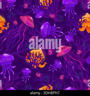 Colorful underwater jellyfish float among corals and algae in seamless pattern. Undersea animal. Luminous inhabitants. Invertebrate creatures. Marine Stock Vector