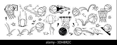 Vector black sport ball doodle illustration with motion and bounce line effects. Hand drawn hoop, net and basketball icons with flying movement, rebound and jump trajectory. Burning game equipment Stock Vector