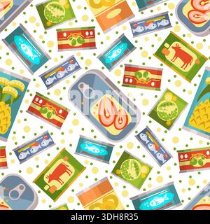 Canned vegetables, meat and fish seamless pattern. Pickles in metal cans. Repeated kitchen print. Preserved corn and tomato. Food preservation Stock Vector