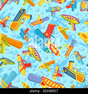 Childrens toy water pistols in splashes of water and air bubbles seamless pattern. Game plastic gun. Kids weapon. Repeated print. Handgun shooting Stock Vector