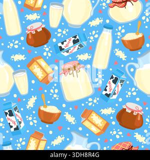 Dairy products seamless pattern. Cottage cheese. Fermented baked milk. Yoghurt bottle. Milky splatter drops. Natural farming ingredients. Sour cream Stock Vector