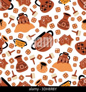Antique ceramic tableware seamless pattern. Earthenware pots. Ancient amphorae cracks. Clay jugs shatters. Repeated print. Archaeology excavations Stock Vector