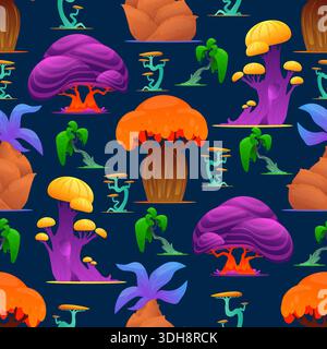 Bright fantastical trees seamless pattern. Fairytale plants on dark background. Alien greenery. Color unusual leaves. Mystical garden. Fabulous Stock Vector