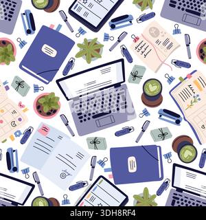 Workspace seamless pattern. Laptop and office supplies. Business documents. Work organizer notebook. Workplace top view. Stationery on desk Stock Vector