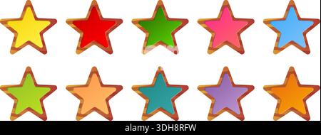 Wooden stars with multicolored centers. Graphical game interface isolated elements. Wood texture. Starry frame. Timber shape. Space symbol. Gaming Stock Vector