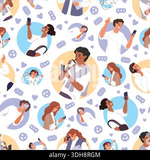 Social media chat seamless pattern. People talk on phone. Listen to music and take photos. Man and woman using smartphones. Cellphone communication Stock Vector